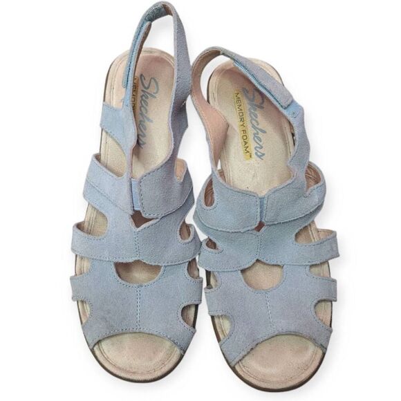 Skechers Women's Suede Peep-Toe Slingback Wedges Parallel Stylin size 6 Light Bl - Picture 2 of 7